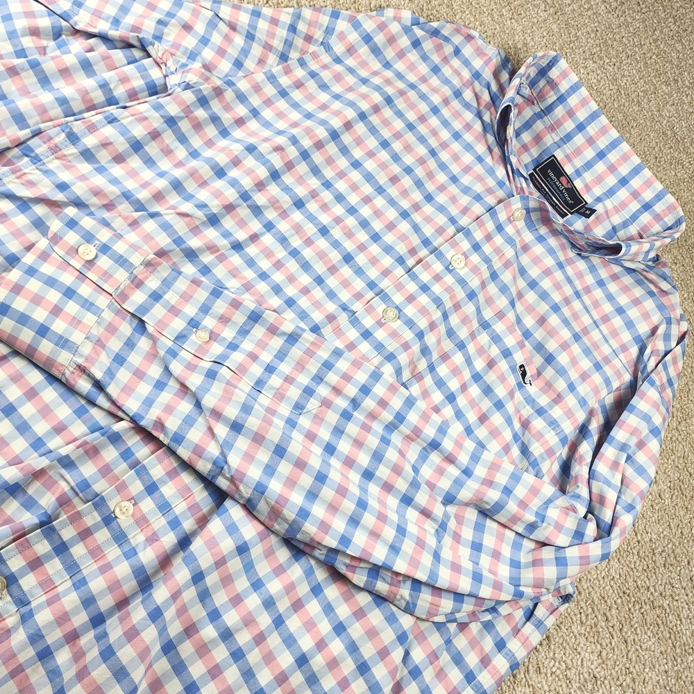 Vineyard Vines Tucker Shirt M Performance Gingham Nylon Classic Fit Blue Pink